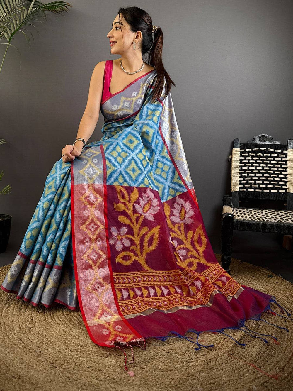 Multi Temple Ikkat Soft Silk Saree

