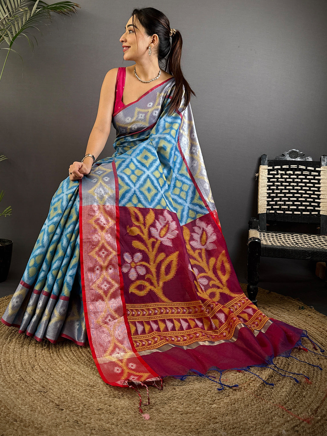 Multi Temple Ikkat Soft Silk Saree