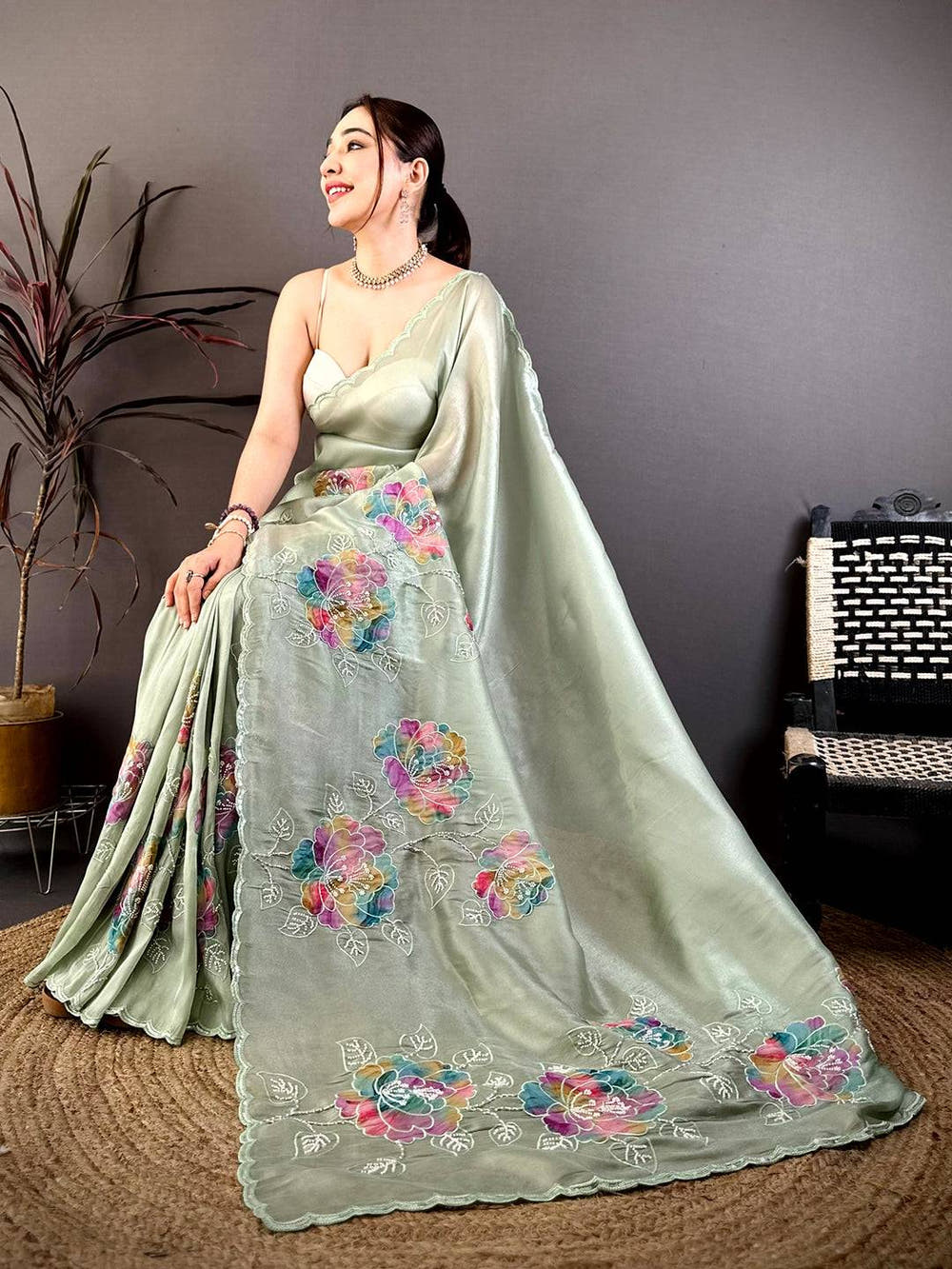 Elegant Applique Pearl Embroidered Saree