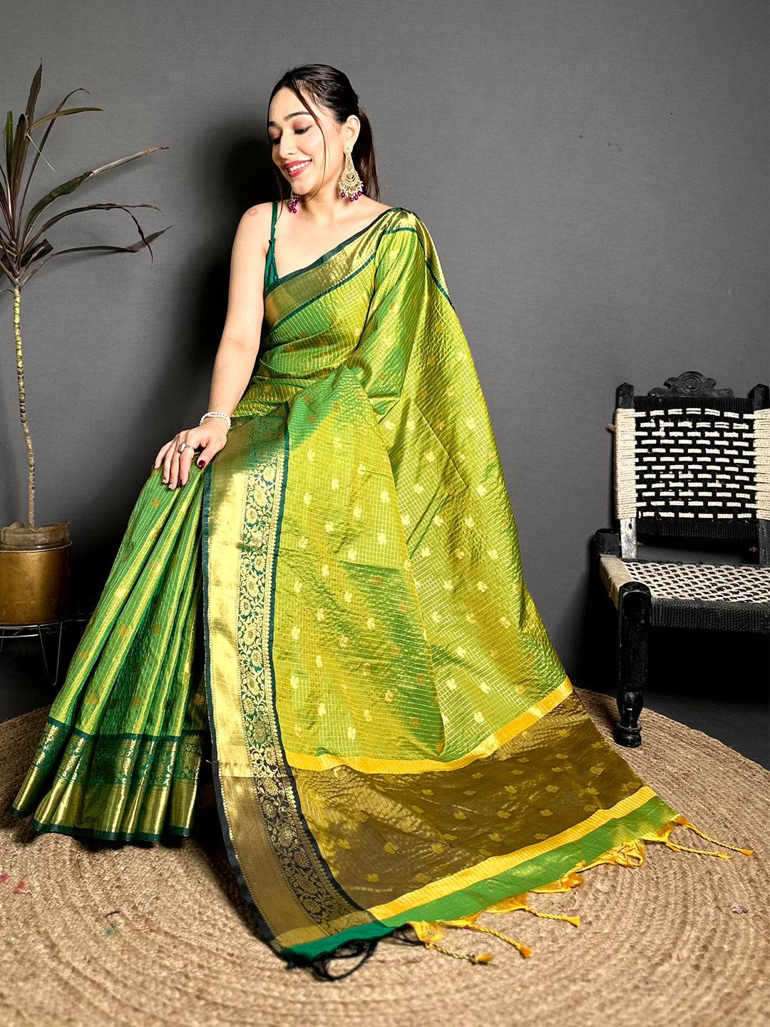 Stylish Gold Zari Chex Tussar Silk Saree Collection