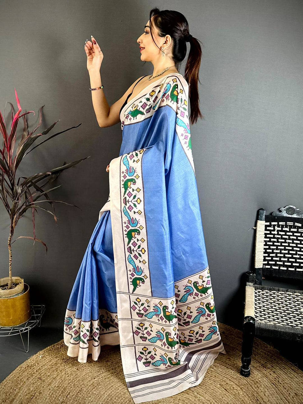 Royal Sky Blue Ikkat Soft Tussar Saree