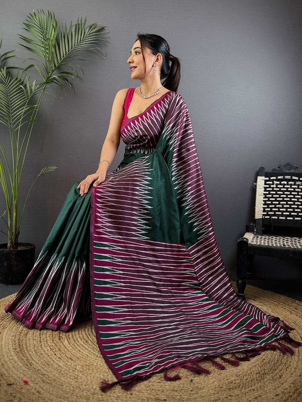 Green Soft Silk Ikkat Zari Weaving Saree
