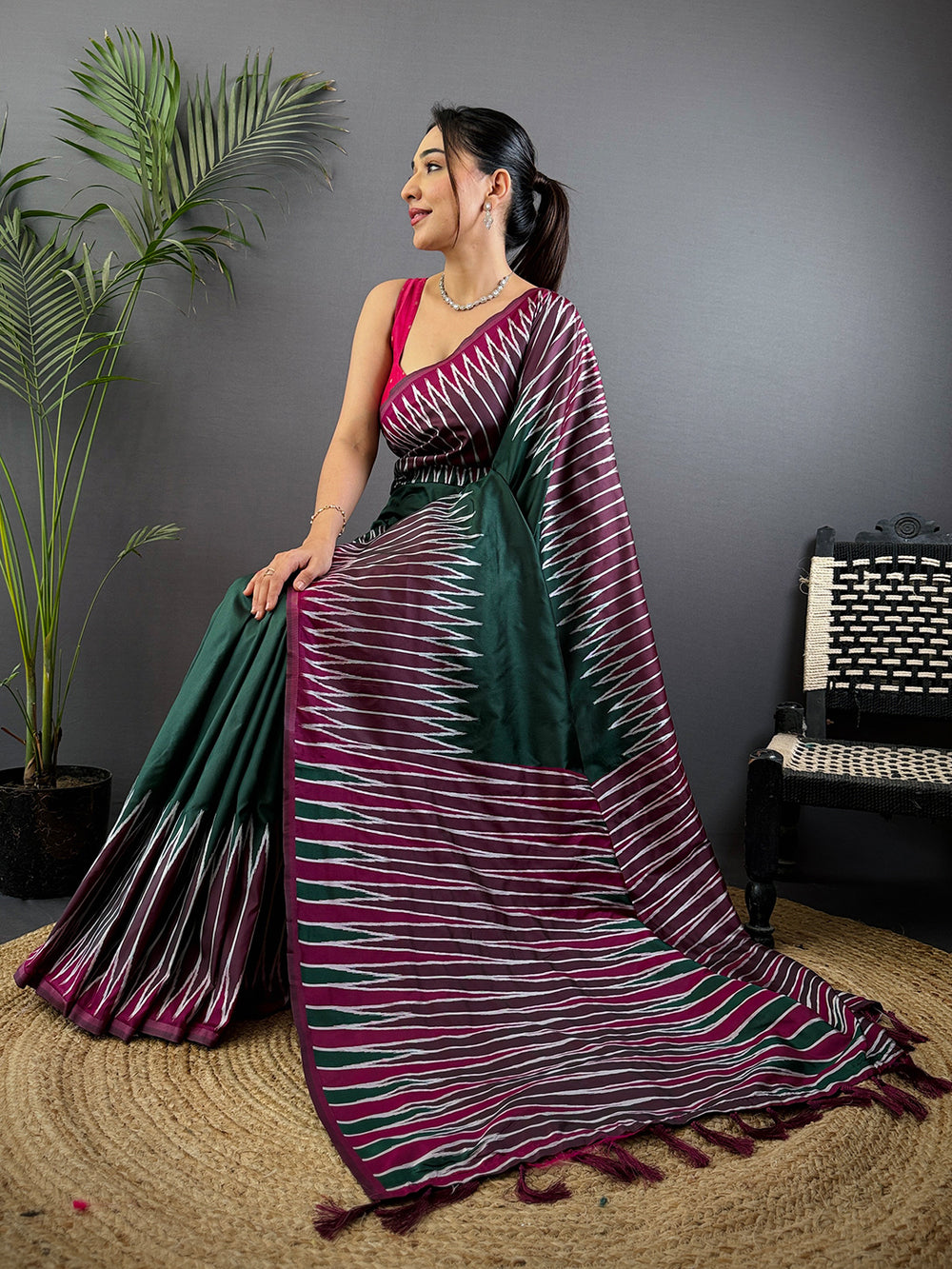 Green Soft Silk Ikkat Zari Weaving Saree