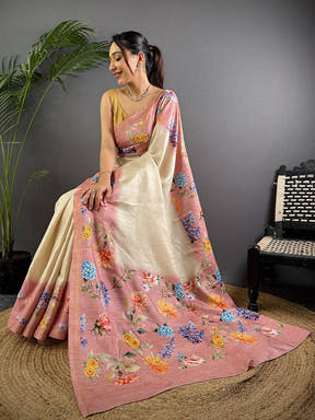 Off White Tussar Ghicha Silk Saree