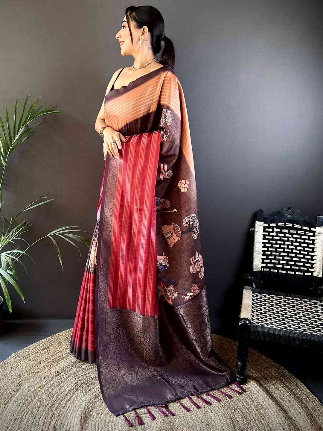Deep Red Soft Crepe Silk Digital Ombre Saree
