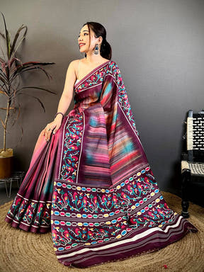 Classic Parrot Ikkat Print Tussar Saree