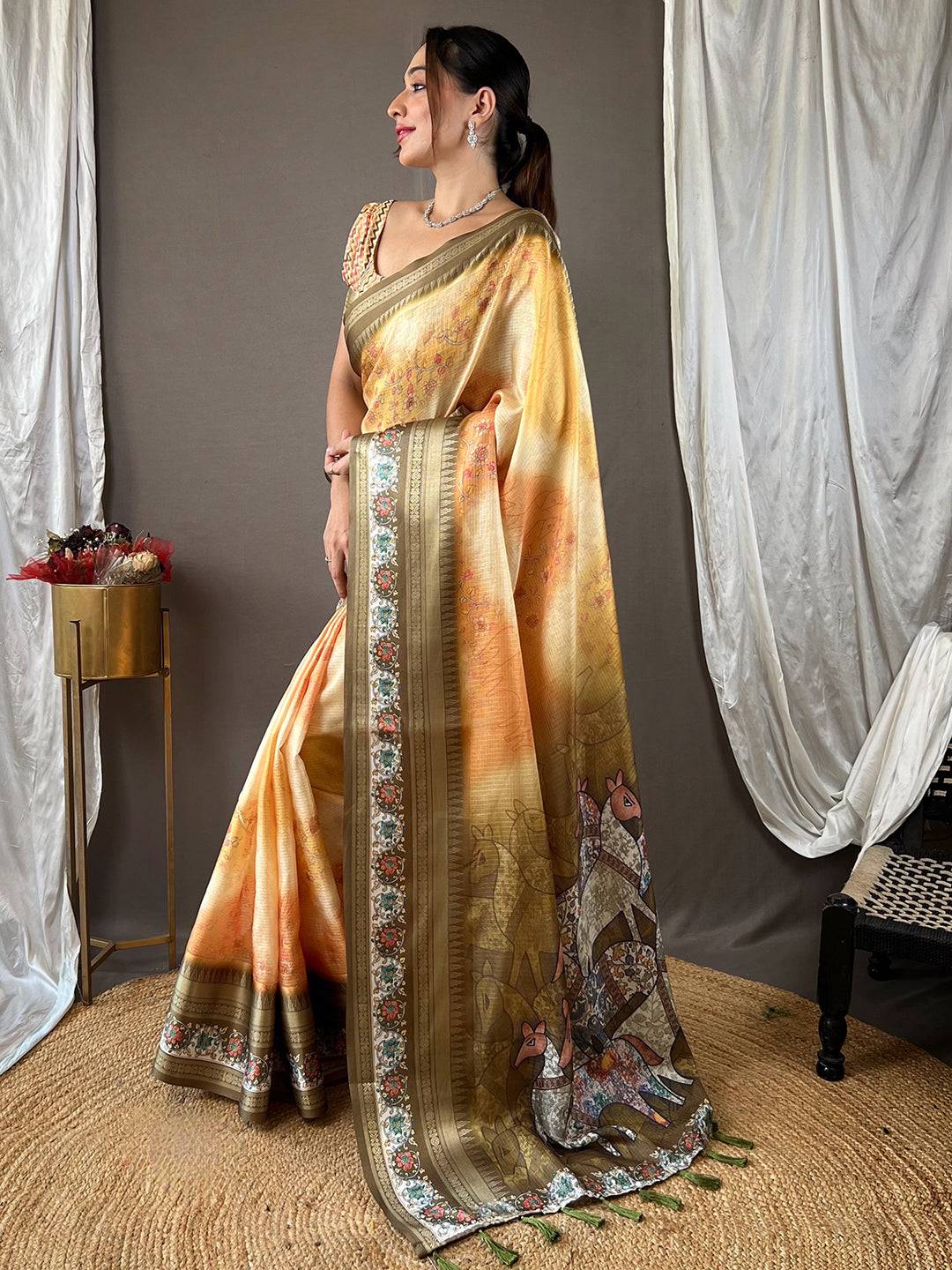 Traditional Mellow Yellow Kota Saree featuring satin border