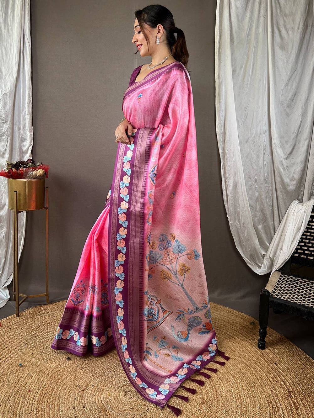 Oriental lily Pink Kota Satin Border Saree

