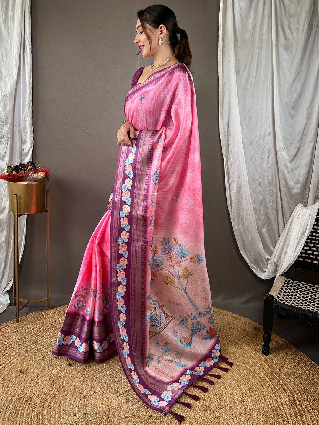 Oriental lily Pink Kota Satin Border Saree

