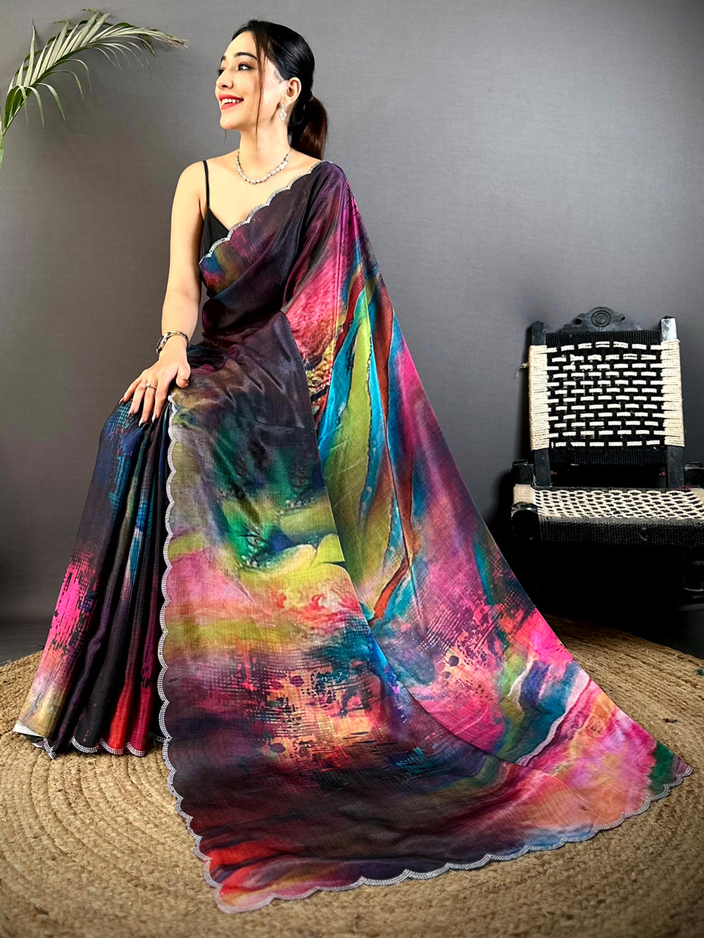 Regal Freehand Abstract Chinnon Saree