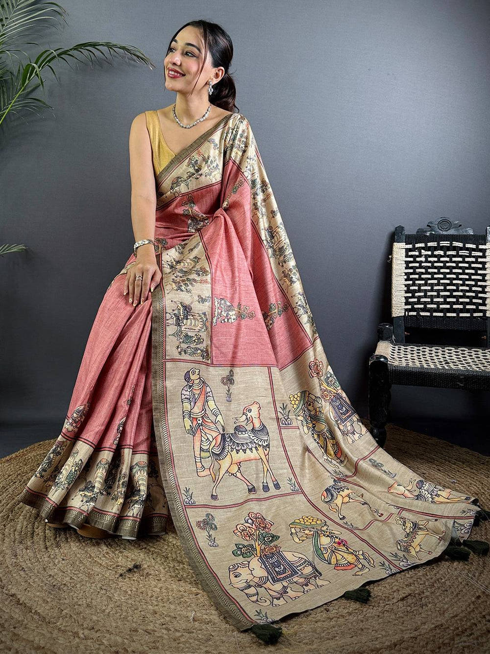 Dusty Pink Digital Kalamkari Printed Saree

