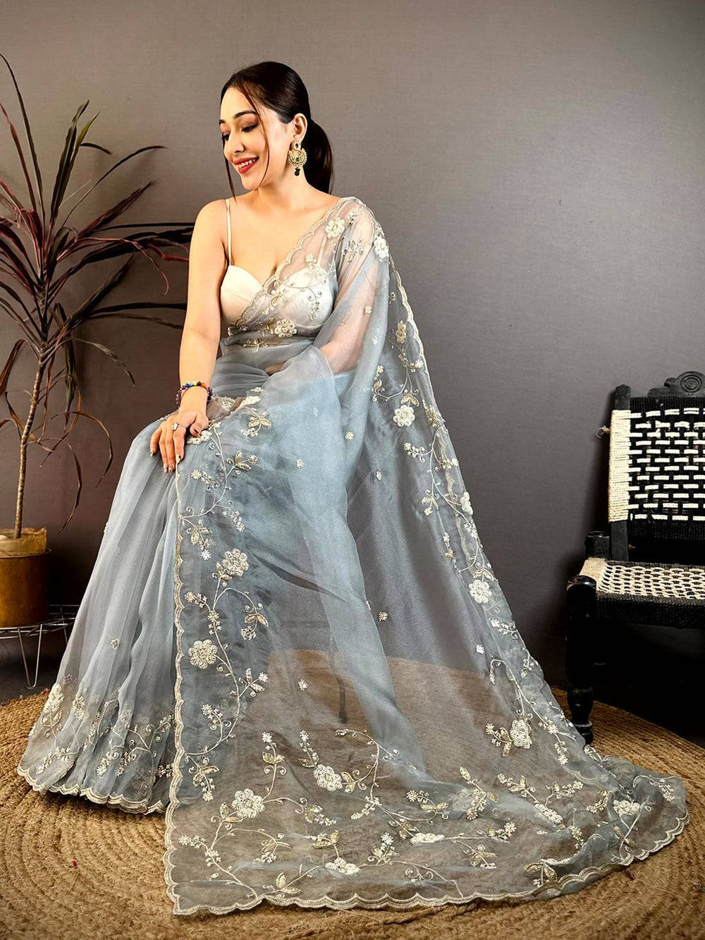 Sky Pearl Work Glass Organza Saree