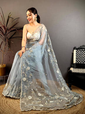 Sky Pearl Work Glass Organza Saree