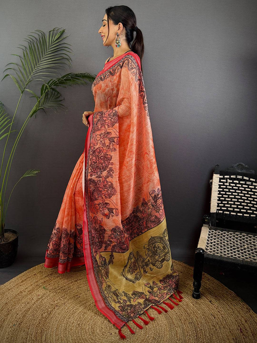 Red Linen Kalamkari Printed Saree