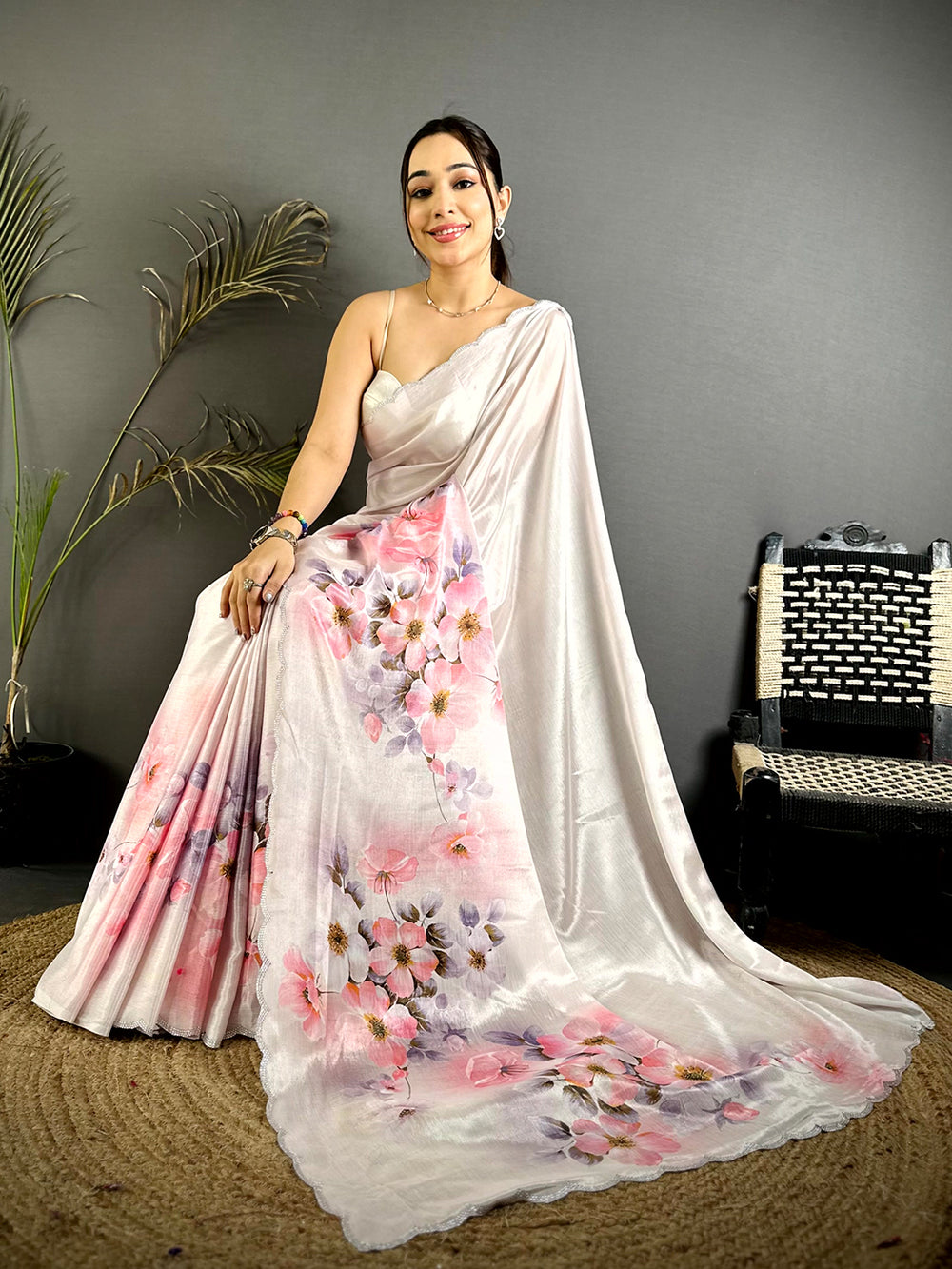 Classic Floral Print Chiffon Saree