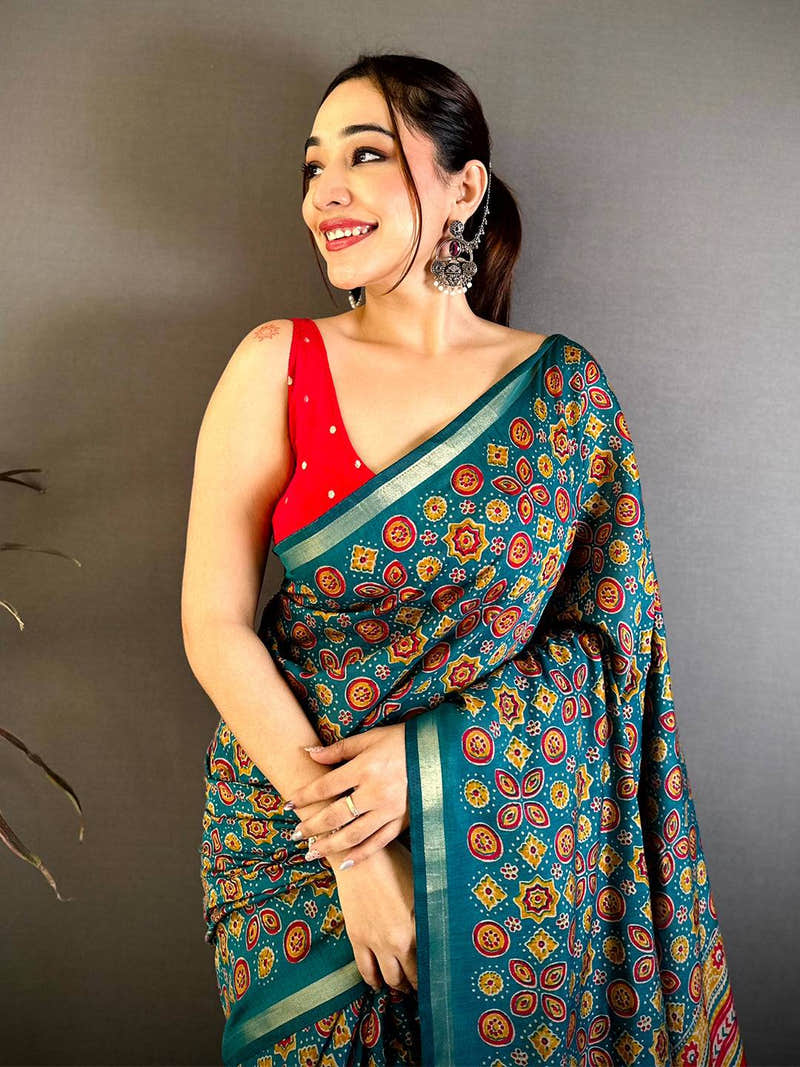 Teal Mul Cotton Ajrak Vintage Print Saree