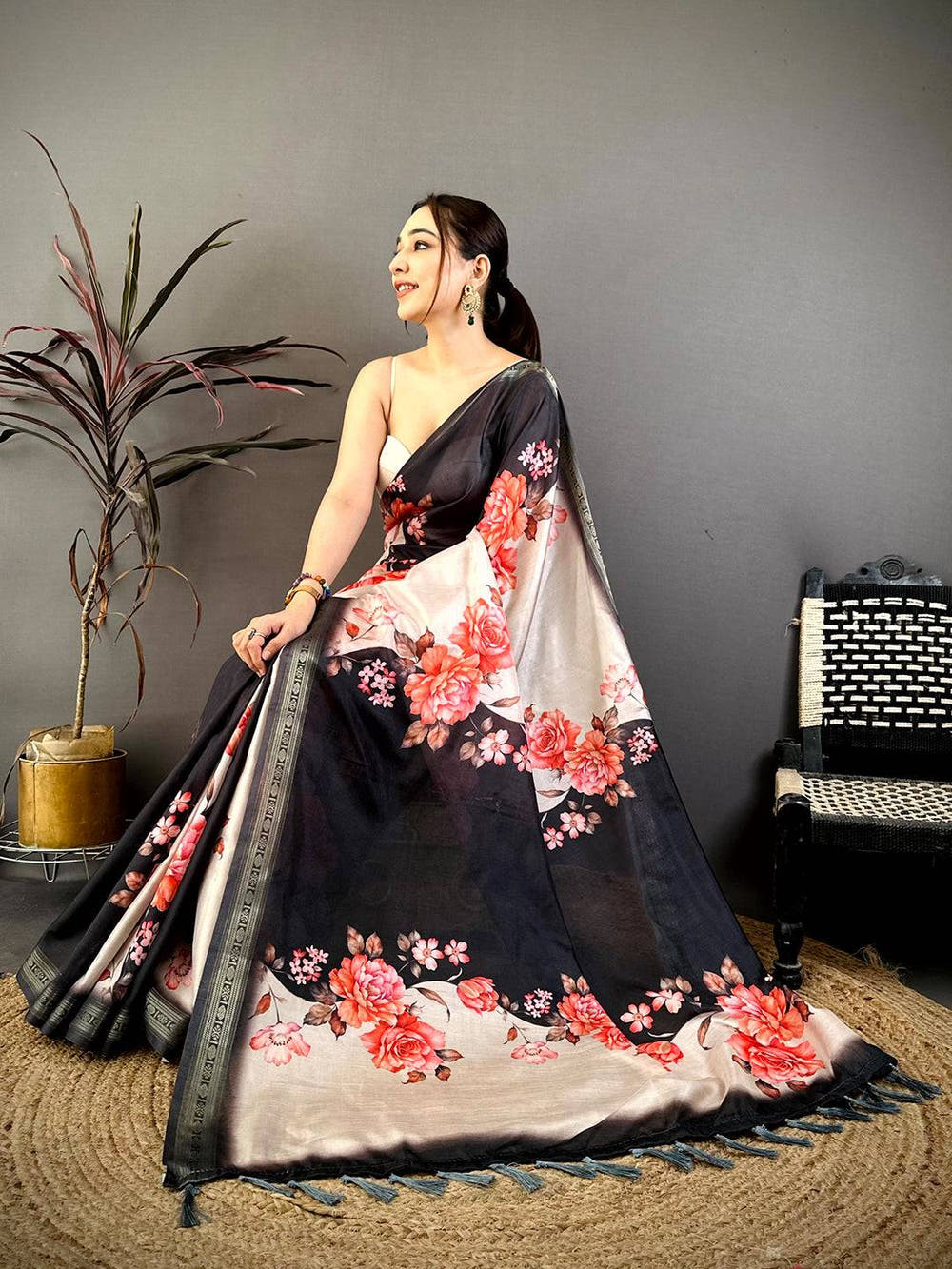 Black Soft Silk Floral Lehriya Print Saree