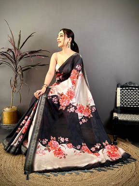 Black Soft Silk Floral Lehriya Print Saree