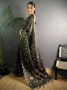Olive Green Linen Juth Digital Print Saree
