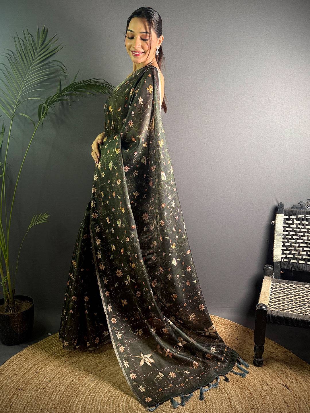 Olive Green Linen Juth Digital Print Saree