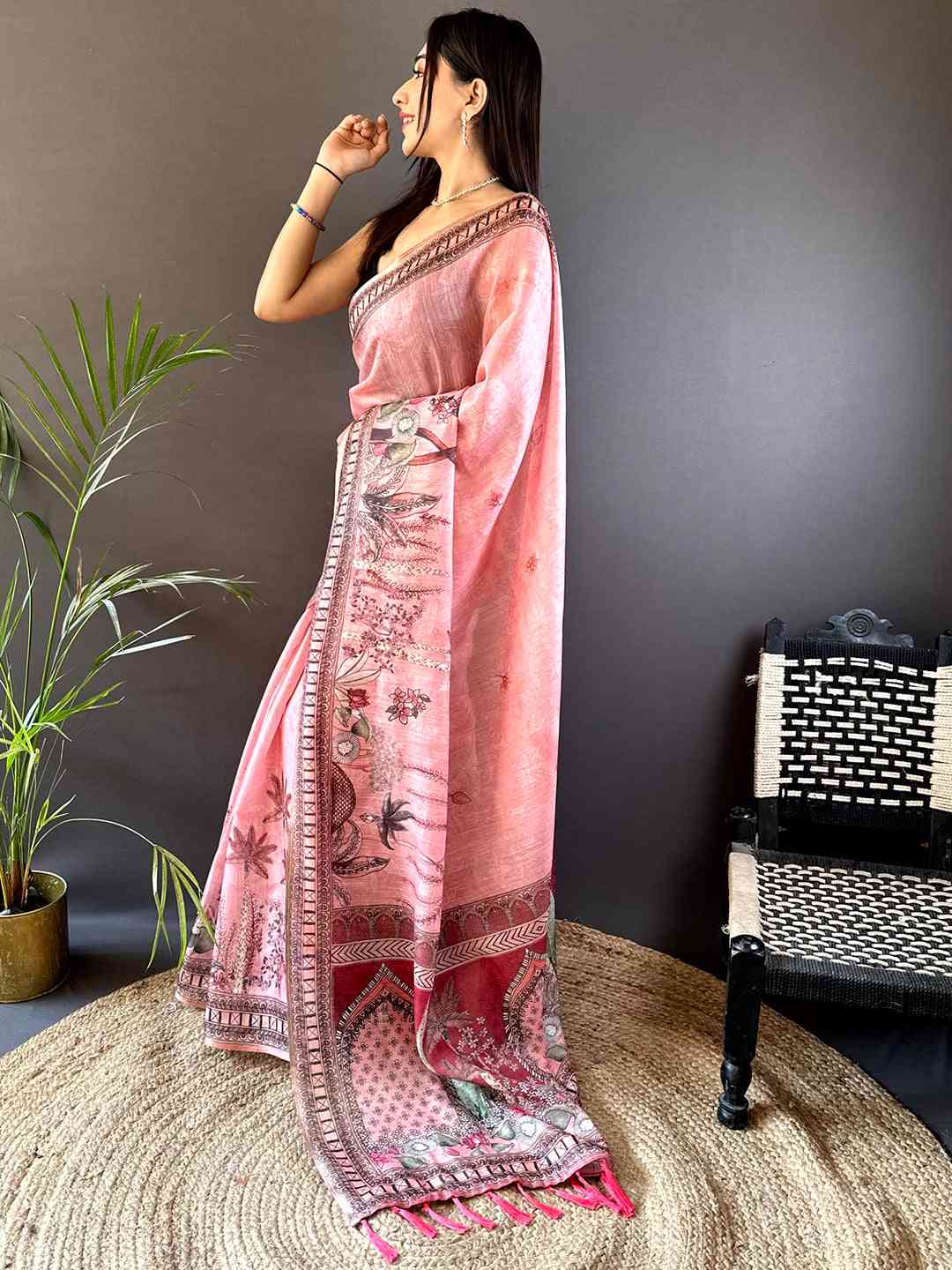 Blush Pink Tussar Floral Leaf Print Saree