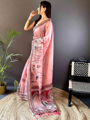 Blush Pink Tussar Floral Leaf Print Saree