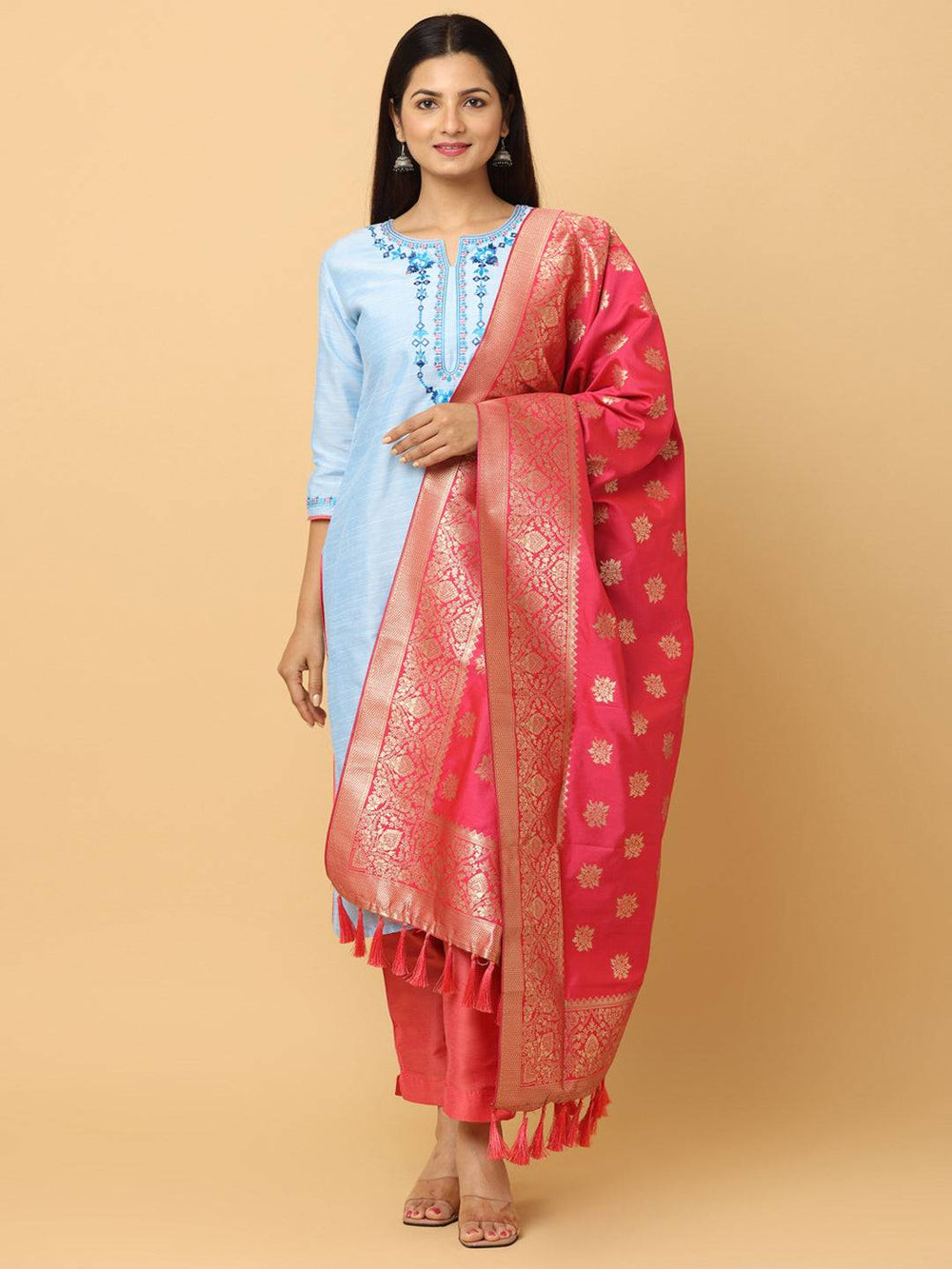 Front view of silk blend rani dupatta with resham tassels
