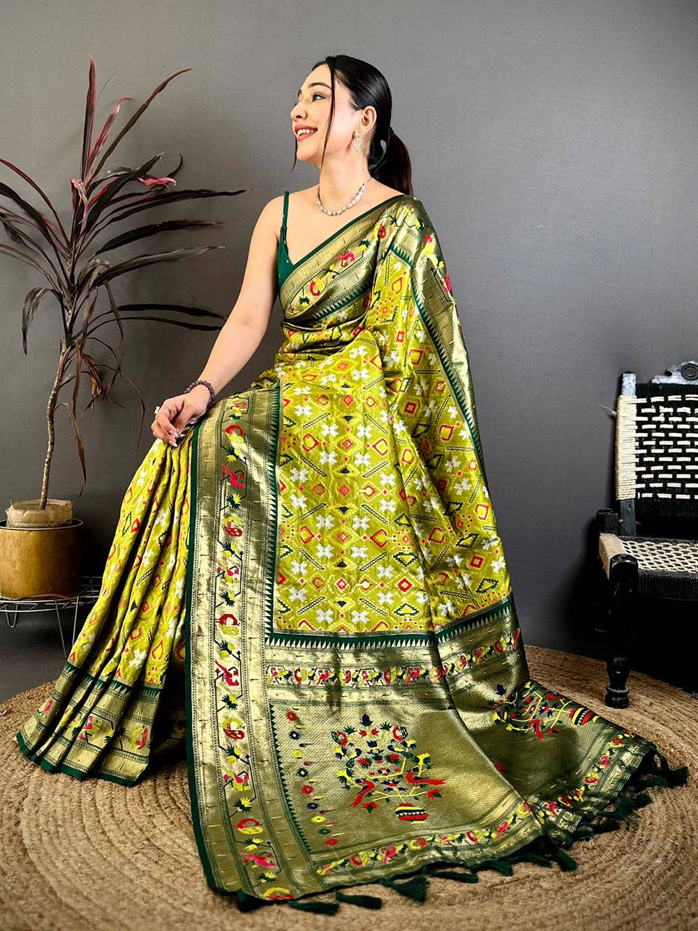Lime Green Patola Silk Zari Weaving Saree