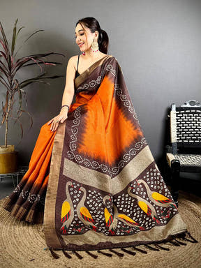 Dusty Orange Tussar Zari Chex Saree