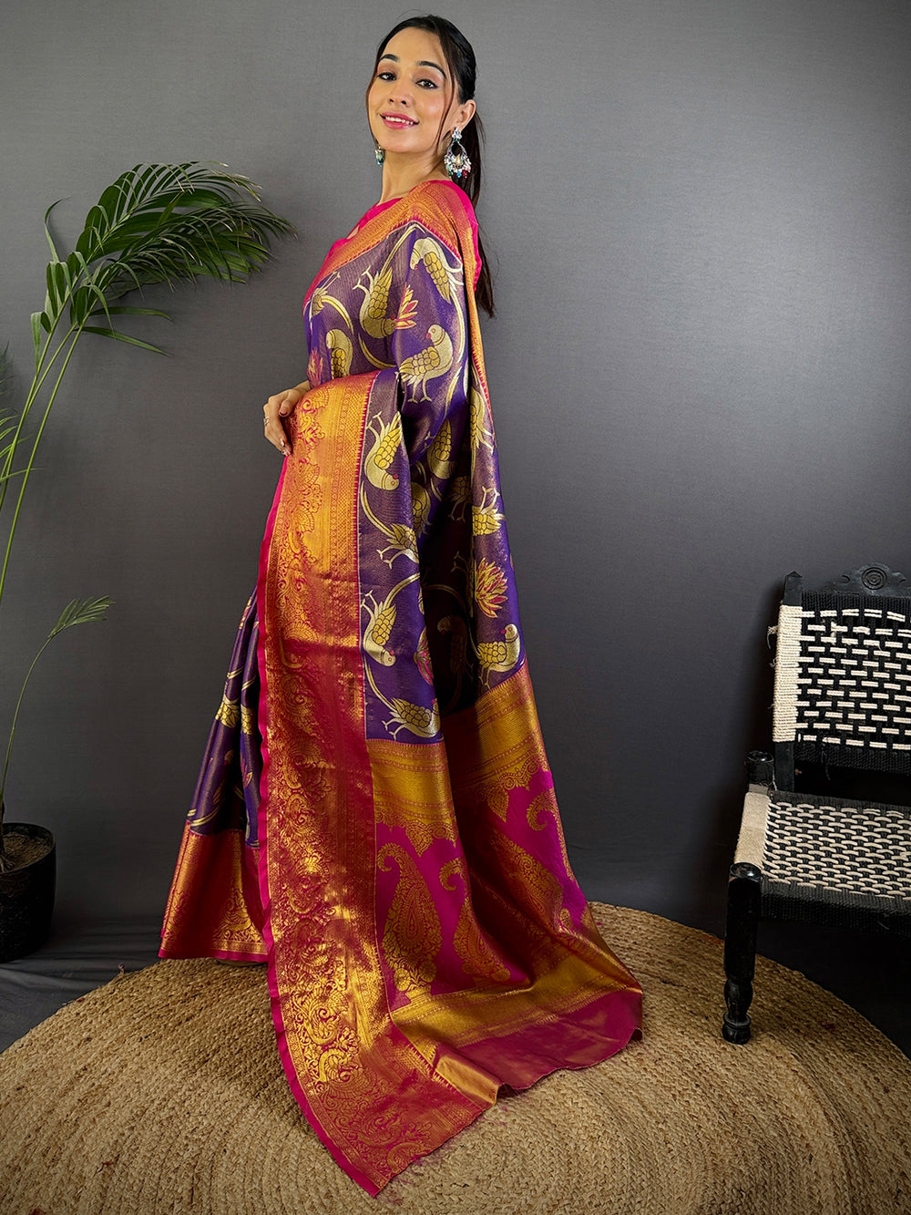 Purple Dharmavaram Gold Birds Print Saree