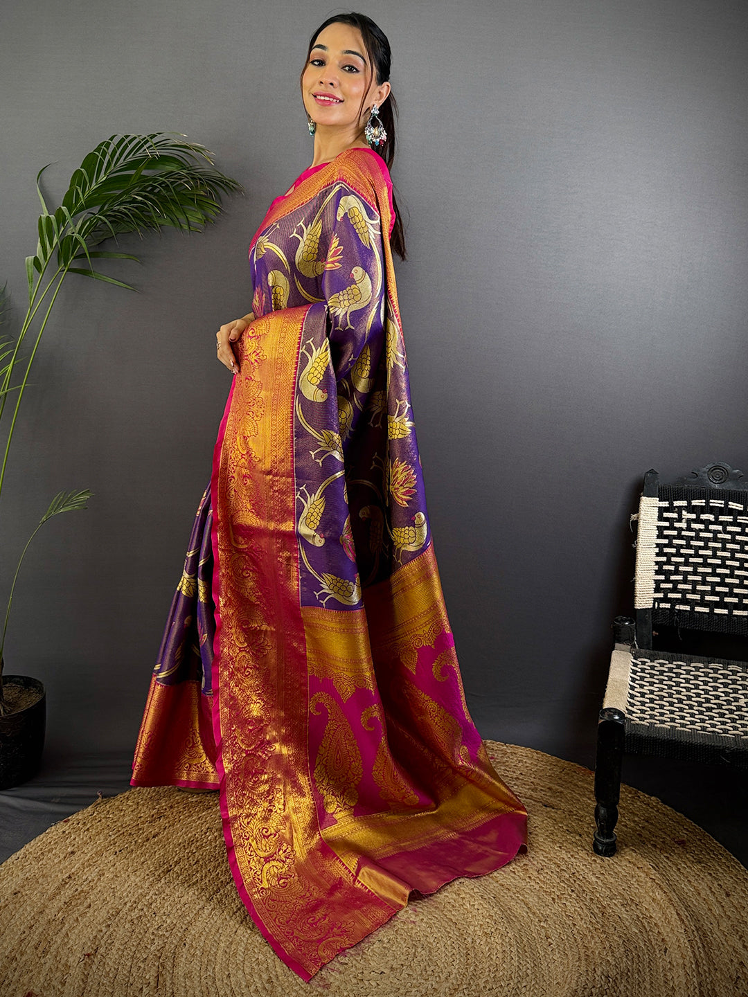 Purple Dharmavaram Gold Birds Print Saree