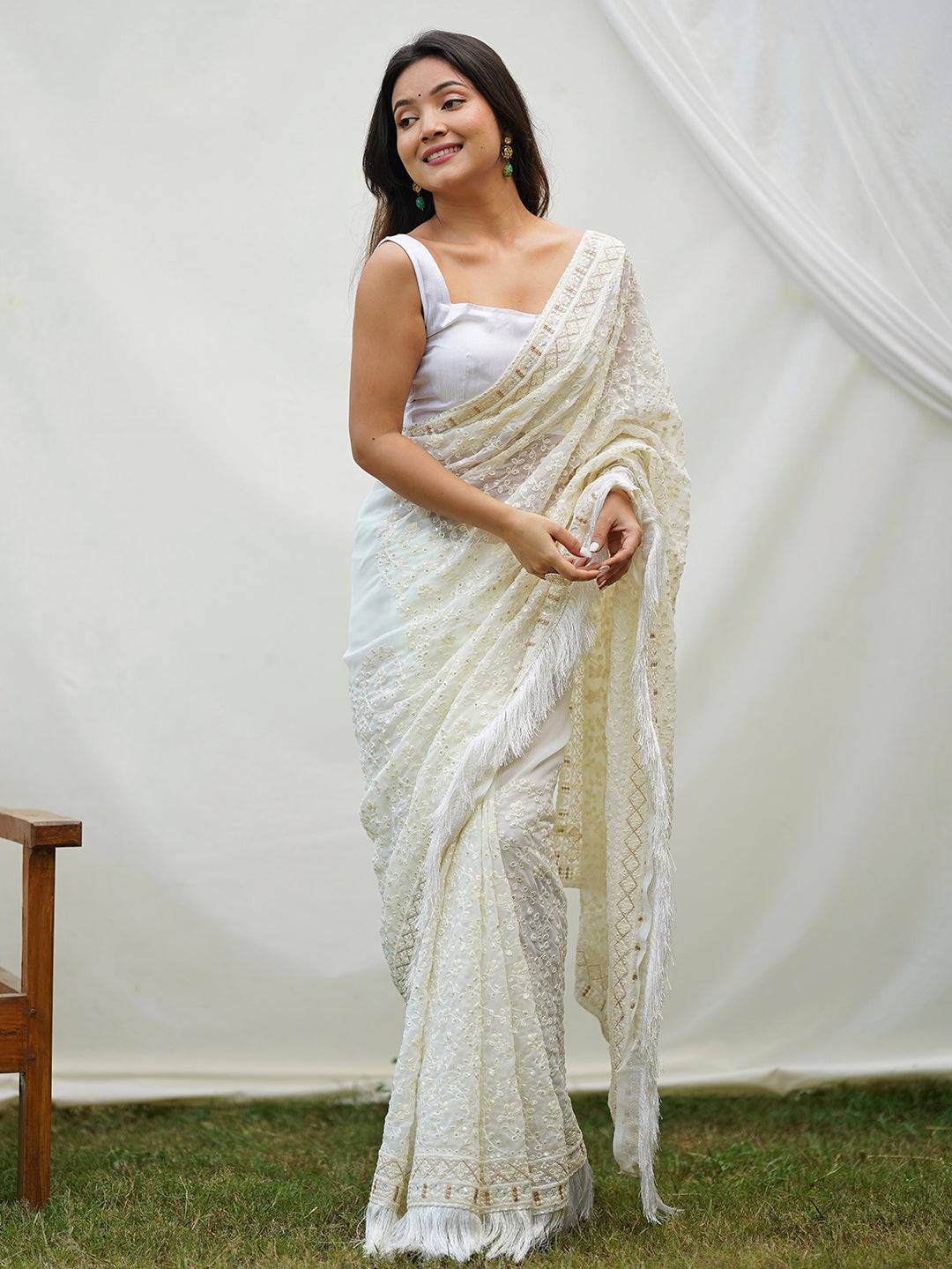 Cream Colour Georgette Saree with Sequence Embroidery Work