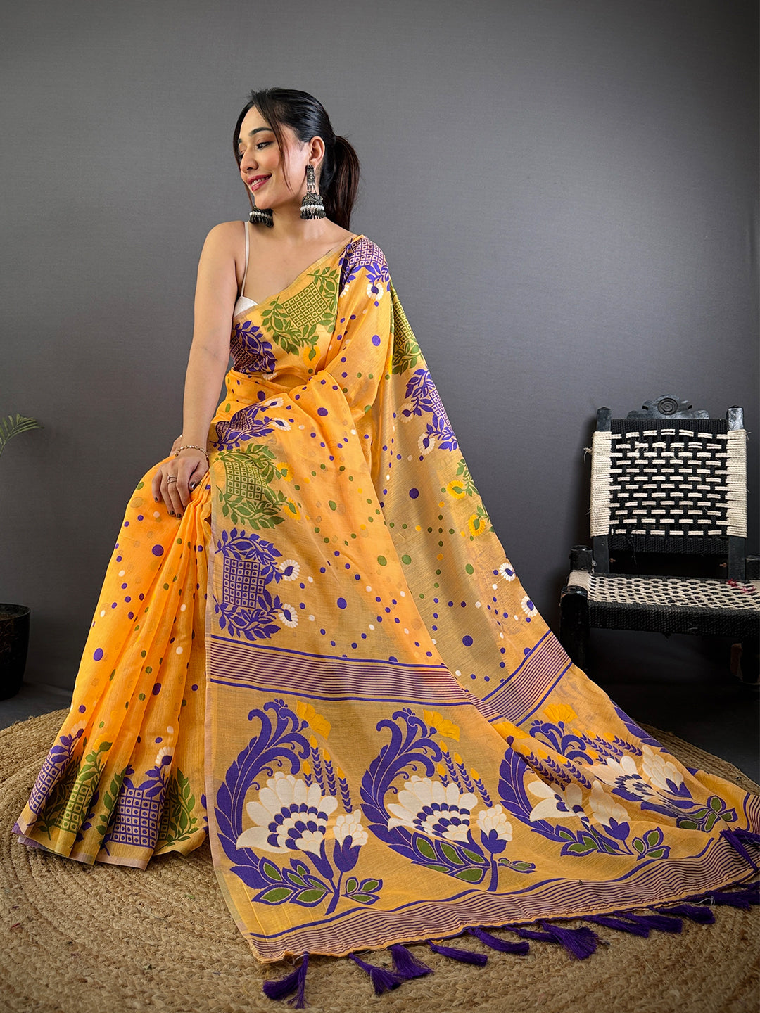 Yellow Dhakai Jamdani Cotton Silk Saree