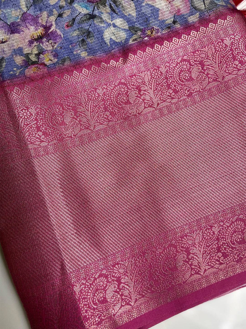 Pink Kanjivaram gold zari border on Blue Kota Doriya saree
