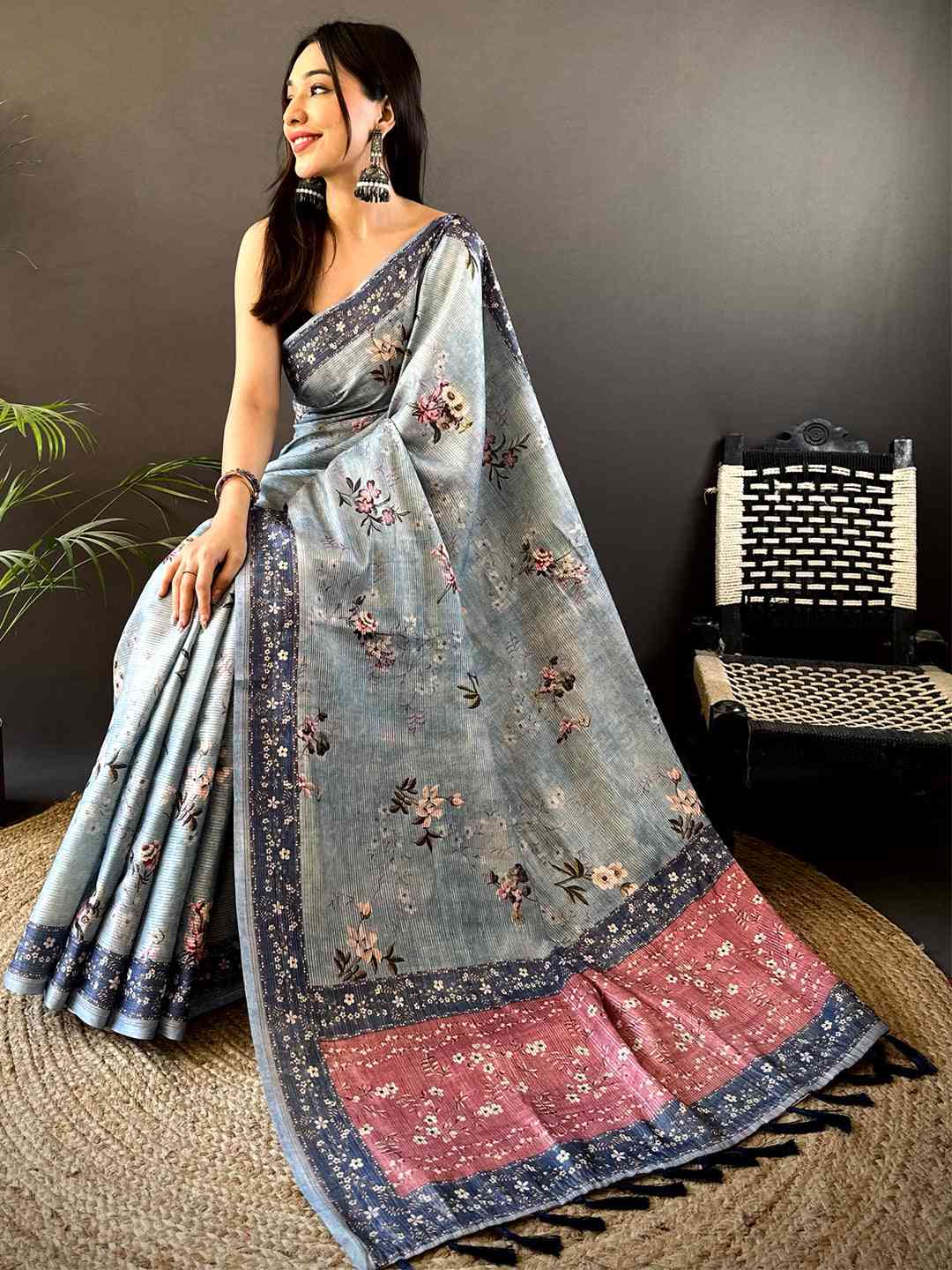 Pastel Blue Zari Tussar Floral Print Saree