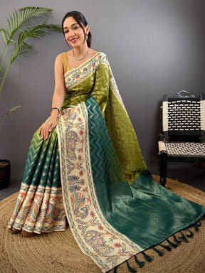 Olive Madhubani Print Soft Silk Saree