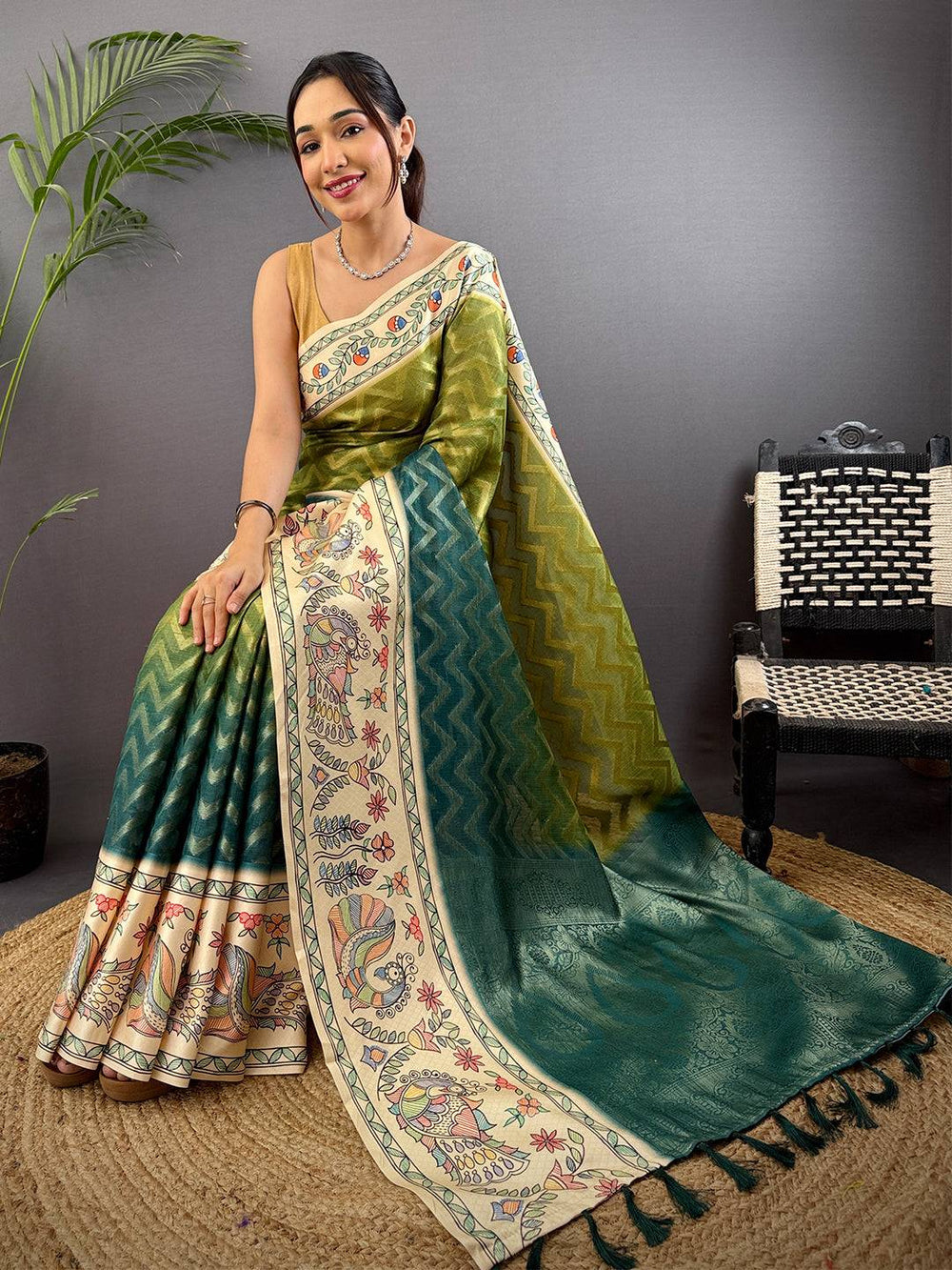 Olive Madhubani Print Soft Silk Saree