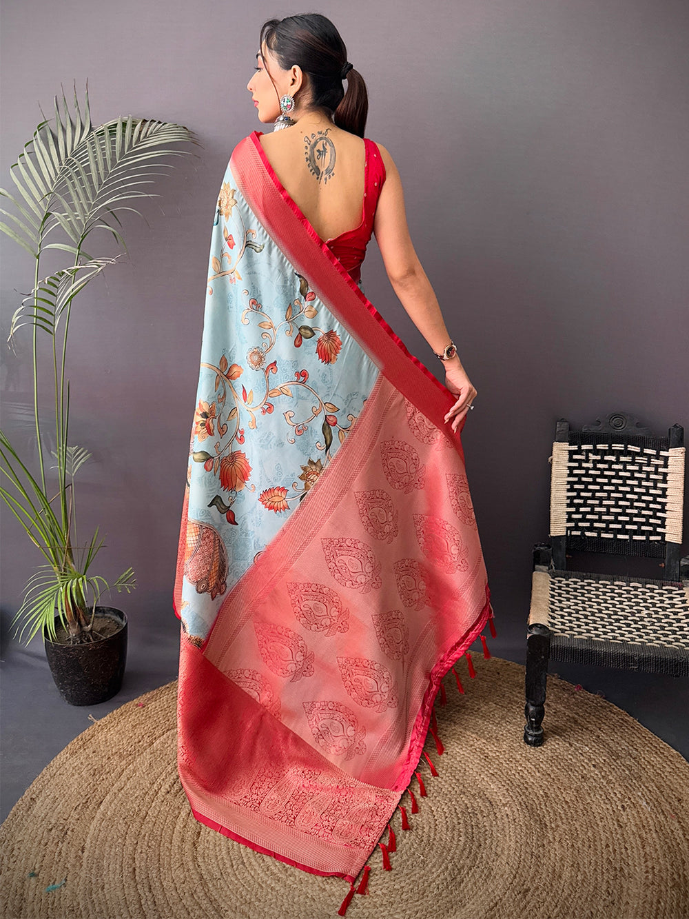 Heritage Cherry Satin Kalamkari Printed Saree