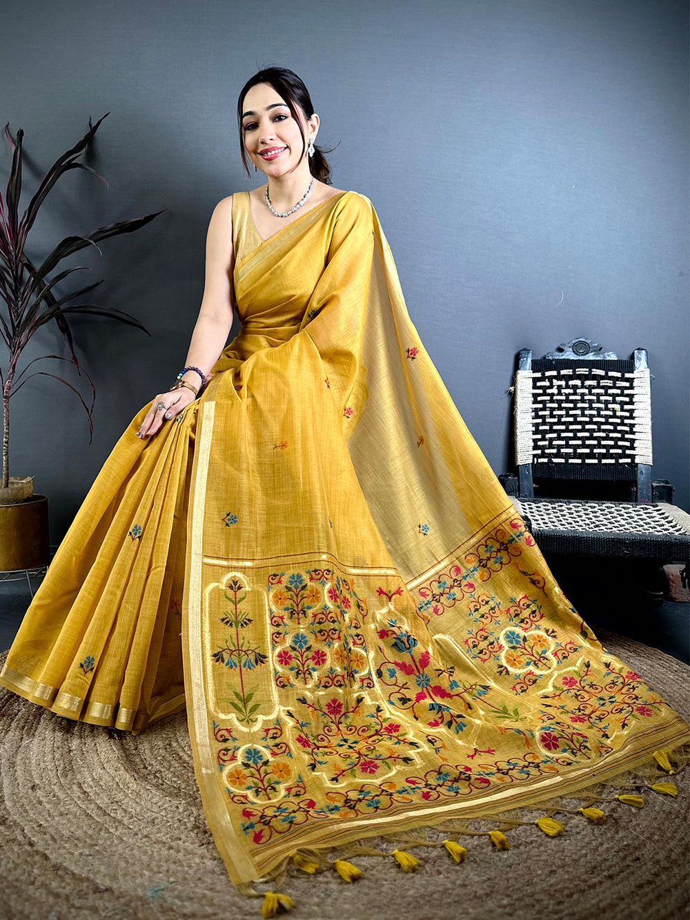 Mustard Minakari Khadi Cotton Saree


