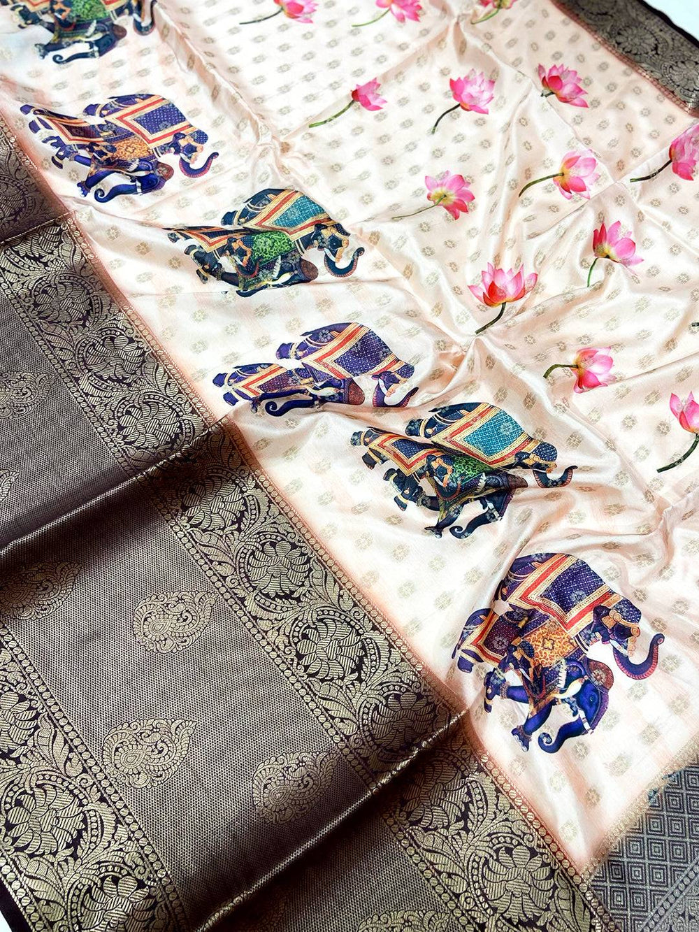 Peach Digital Elephant Motifs Banarasi Saree