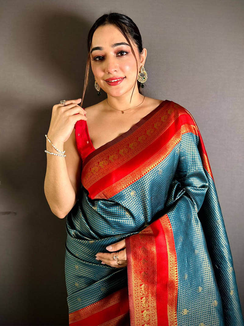 Teal Blue Banarasi Katan Silk Zari Saree with Red Border