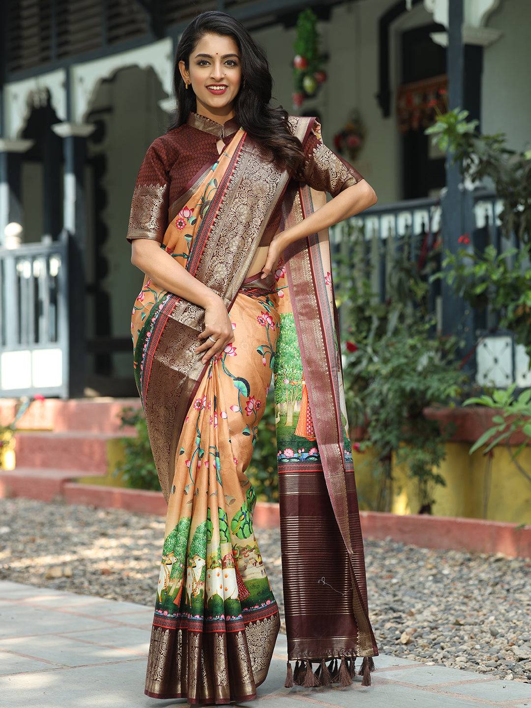 Pichwai Print Zari Weaving Pallu Saree In Peach Colour