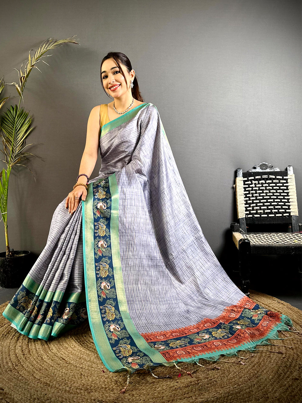 Steel Grey Tanjore Print Silk Saree