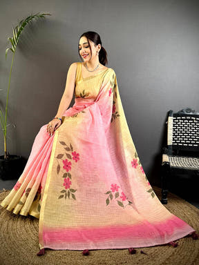 Regal Soft Linen Gold Zari Floral Saree