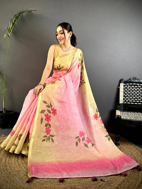 Regal Soft Linen Gold Zari Floral Saree