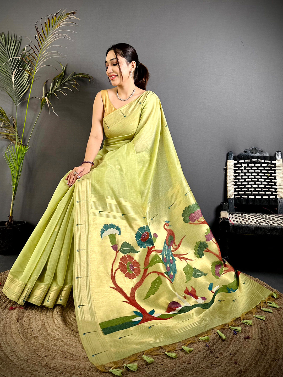 Lime Green Minakari Grace Khadi Linen Saree