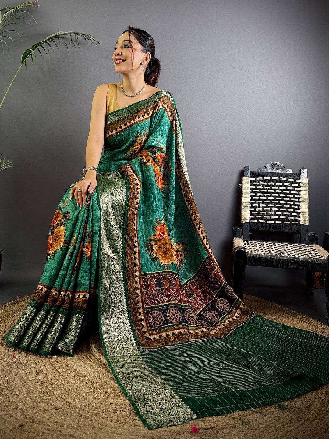 Emerald Green Floral Printed Viscose Saree