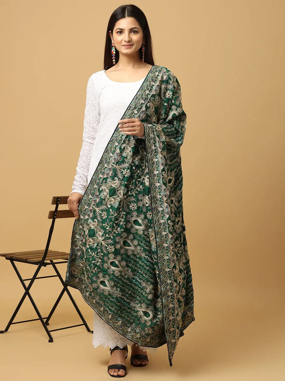 Front view of green poly chiffon pashmina dupatta with motifs