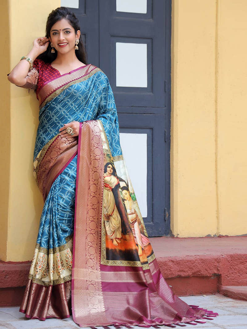 Royal Blue Viscose Dola Silk Saree With Kalamkari And Mughal Print - Luxe