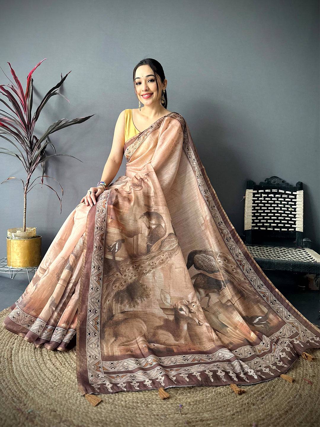 Regal Art Poster Pallu Kalamkari Linen Saree


